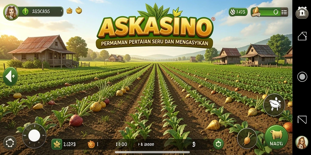 Tampilan screenshot gameplay ASKASINO yang menunjukkan aktivitas bertani.