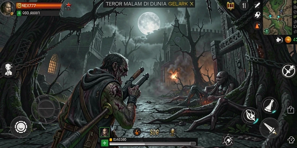 Tampilan gameplay NEX777 yang mencekam dengan suasana yang gelap dan menakutkan.