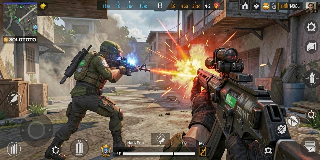 Screenshot gameplay SOLOTOTO menampilkan aksi seru dalam pertarungan FPS.